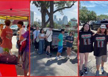Austin burger stand celebrates 21 years with a massive line of fans, so the owners handed out free t-shirts — stills from the TikTok posted by P. Terry’s Burger Stand
