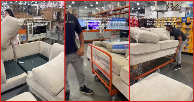 Shoppers discovered they could buy Costco's display couch for half price, so they took it apart and loaded it on a cart — stills from the TikTok posted by rafamatos
