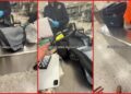 Traveler films TSA agent reading his notebook during bag inspection at Dulles Airport. Traveler tells agent to 'just find the drugs' in video — stills from the TikTok posted by sarahawad__