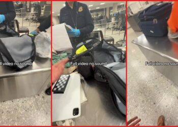 Traveler films TSA agent reading his notebook during bag inspection at Dulles Airport. Traveler tells agent to 'just find the drugs' in video — stills from the TikTok posted by sarahawad__