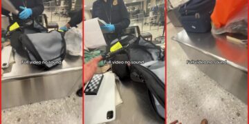 Traveler films TSA agent reading his notebook during bag inspection at Dulles Airport. He tells agent to 'just find the drugs' 2 Traveler films TSA agent reading his notebook during bag inspection at Dulles Airport. Traveler tells agent to 'just find the drugs' in video — stills from the TikTok posted by sarahawad__