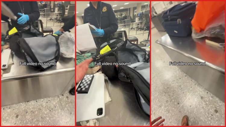 Traveler films TSA agent reading his notebook during bag inspection at Dulles Airport. Traveler tells agent to 'just find the drugs' in video — stills from the TikTok posted by sarahawad__