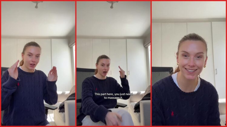 TikToker demonstrates a leg massage hack for bloating, and the immediate result leaves her in shock — stills from the TikTok posted by Tara Berwin ✨