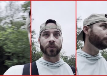 North Carolina man filming deep in the woods pans across a stream and spots an abandoned school bus on the bank — stills from the TikTok posted by chandlertoddfishing