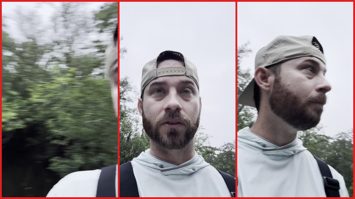 North Carolina man filming deep in the woods pans across a stream and spots an abandoned school bus on the bank — stills from the TikTok posted by chandlertoddfishing