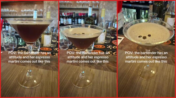 Patron films a bartender's espresso martini. Then the drink develops a thick, light foam that seems to overflow the glass 1 Patron films a bartender's espresso martini. Then the drink develops a thick, light foam that seems to overflow the glass — stills from the TikTok posted by Coope Palmisano