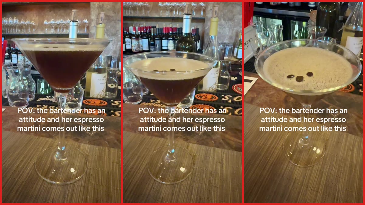 Patron films a bartender's espresso martini. Then the drink develops a thick, light foam that seems to overflow the glass — stills from the TikTok posted by Coope Palmisano