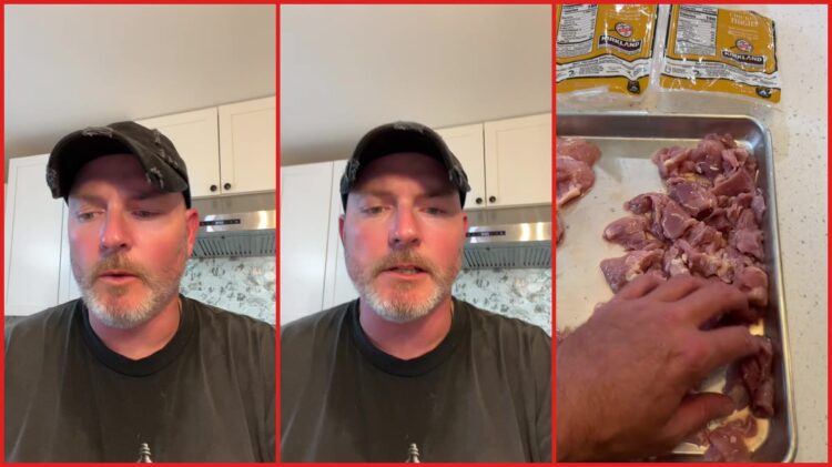 Man opens three packages of Kirkland chicken thighs from Costco. Then he counts only six whole thighs among a 'bunch of little pieces' 1 Man opens three packages of Kirkland chicken thighs from Costco. Then he counts only six whole thighs among a 'bunch of little pieces' — stills from the TikTok posted by Kenneth