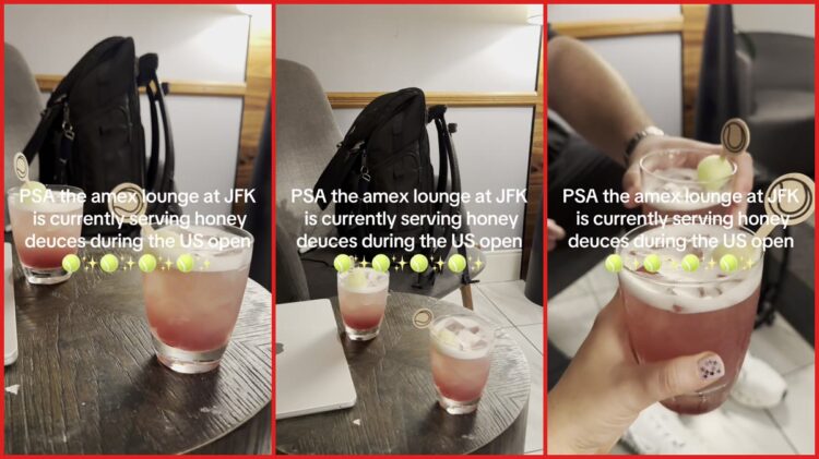 Traveler toasts with a 'Honey Deuce' cocktail at the JFK Amex lounge. Then she shares the PSA for other US Open travelers — stills from the TikTok posted by kennedytrull