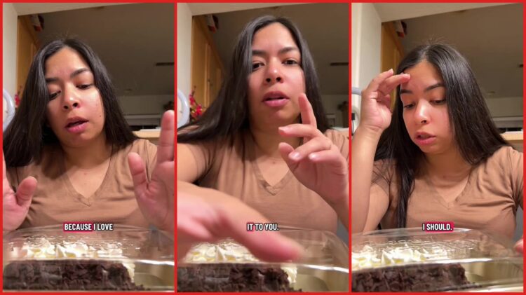 Woman says The Cheesecake Factory charged $3 more for her favorite chocolate cake. Then she noticed it was missing a 'big, big chunk' — stills from the TikTok posted by Abby | Vet journey