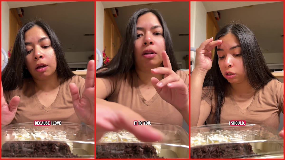 Woman says The Cheesecake Factory charged $3 more for her favorite chocolate cake. Then she noticed it was missing a 'big, big chunk' — stills from the TikTok posted by Abby | Vet journey