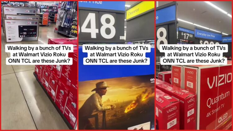 Man walks through Walmart electronics aisle questioning TV brands. Then he spots an 85-inch model priced at $698 — stills from the TikTok posted by JolliAllGenGamer