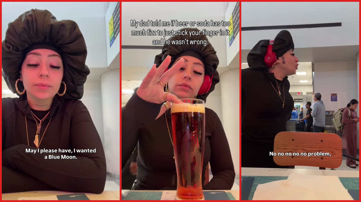 Woman orders Blue Moon at airport bar at 5:33 a.m. Then bartender tells her what they actually have — stills from the TikTok posted by zaneyynailstiktok