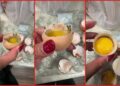 Texas woman cracks open two eggs from H-E-B carton and finds them full of black mold, so she showed the contrast — stills from the TikTok posted by marymamafit