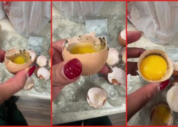 Texas woman cracks open two eggs from H-E-B carton and finds them full of black mold, so she showed the contrast — stills from the TikTok posted by marymamafit