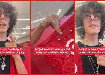 Red Target shopping baskets employee alleges baskets contain tracking devices — stills from the TikTok posted by ⠀ ⠀ ⠀ ⠀ ⠀ ⠀