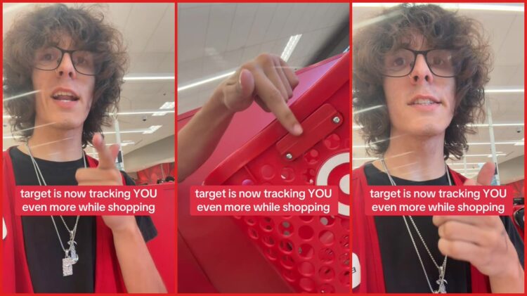 Red Target shopping baskets employee alleges baskets contain tracking devices — stills from the TikTok posted by ⠀ ⠀ ⠀ ⠀ ⠀ ⠀