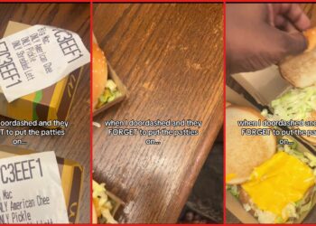 Customer orders two Big Macs via DoorDash, opens boxes to find no meat patties. Then he calls the restaurant, in a TikTok video — stills from the TikTok posted by Jes Finesse 🎨