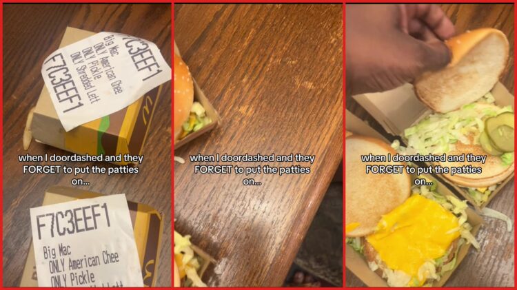 Customer orders two Big Macs via DoorDash, opens boxes to find no meat patties. Then he calls the restaurant, in a TikTok video 1 Customer orders two Big Macs via DoorDash, opens boxes to find no meat patties. Then he calls the restaurant, in a TikTok video — stills from the TikTok posted by Jes Finesse 🎨