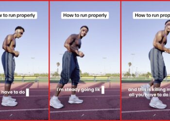 Shirtless runner shows why upright posture is 'killing' him, then demonstrates the simple lean that changed everything — stills from the TikTok posted by Khyree Phoenix
