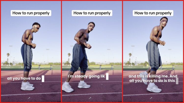 Runner shows why upright posture is 'killing' him, then demonstrates the simple lean that changed everything 1 Shirtless runner shows why upright posture is 'killing' him, then demonstrates the simple lean that changed everything — stills from the TikTok posted by Khyree Phoenix