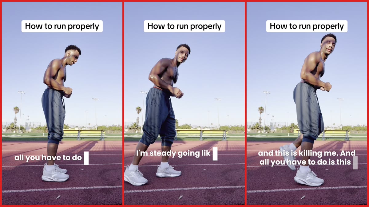Shirtless runner shows why upright posture is 'killing' him, then demonstrates the simple lean that changed everything — stills from the TikTok posted by Khyree Phoenix