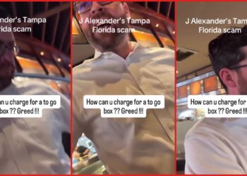 Customer confronts J Alexander's Tampa manager over hidden to-go box fee. Then the manager asked the customer to leave — stills from the TikTok posted by mamonzita