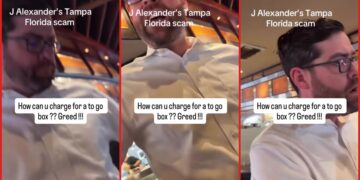 Customer confronts J Alexander's Tampa manager over hidden to-go box fee. Then the manager asked the customer to leave — stills from the TikTok posted by mamonzita