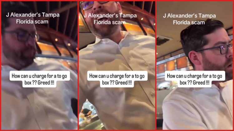 Customer confronts J Alexander's Tampa manager over hidden to-go box fee. Then the manager asked the customer to leave — stills from the TikTok posted by mamonzita
