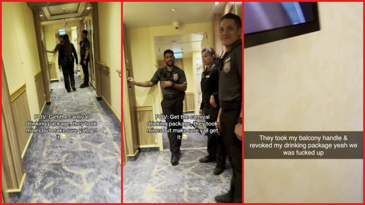 Carnival cruise passenger shows missing balcony handle after drinking package was revoked 1 Carnival cruise passenger shows missing balcony handle after drinking package was revoked — stills from the TikTok posted by JuicyLoveBoo