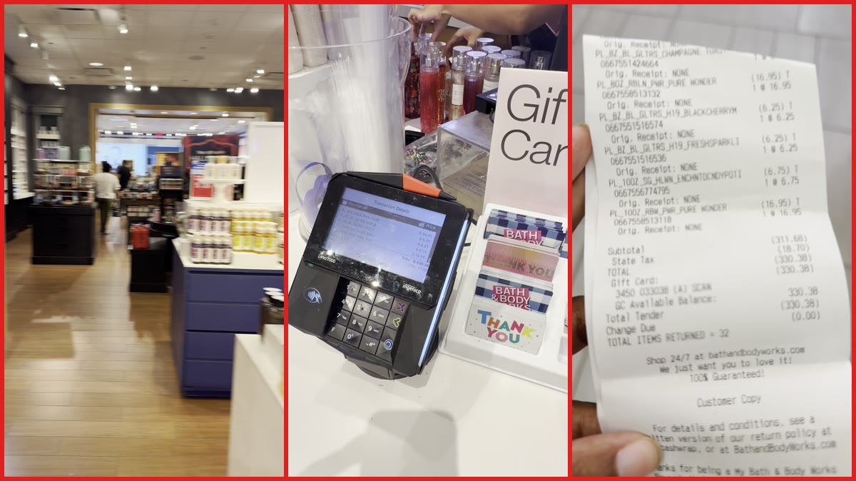 Woman returns 32 old Bath & Body Works products and gets $330 gift card after corporate approval — stills from the TikTok posted by ItsTheBrittney