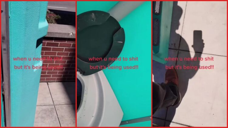 Construction worker went to use a portable toilet at the site. Then he found someone sleeping inside it 1 Construction worker went to use a portable toilet at the site. Then he found someone sleeping inside it — stills from the TikTok posted by Primrose heating&cooling