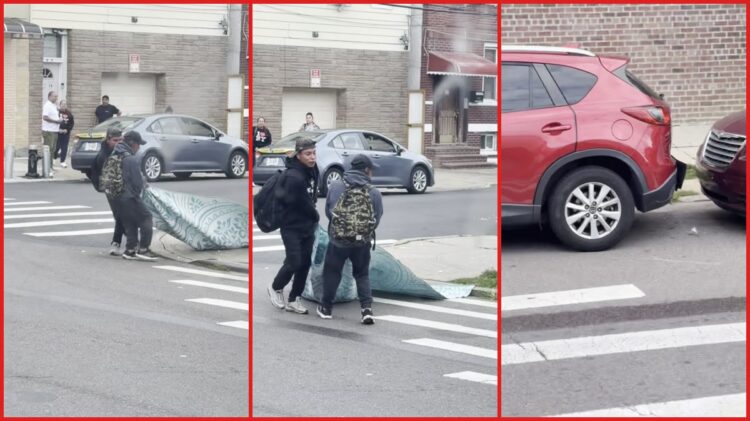 Two friends carry a third, passed-out friend on a blanket across a Corona street, and bystanders just watched — stills from the TikTok posted by Jamie