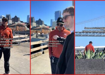 Young couple feeding pigeons in San Francisco park confronted by older man in video 2 Young couple feeding pigeons in San Francisco park confronted by older man in video — stills from the TikTok posted by zoerayxoxo