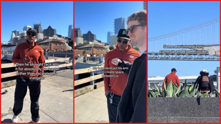 Young couple feeding pigeons in San Francisco park confronted by older man in video 1 Young couple feeding pigeons in San Francisco park confronted by older man in video — stills from the TikTok posted by zoerayxoxo