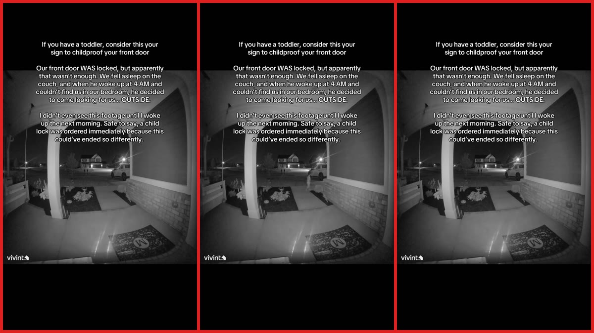 Toddler opened locked front door at 4 AM and wandered outside while parents slept. Then he went looking for them on the street — stills from the TikTok posted by HeyitsBritt