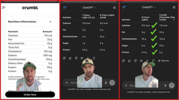 Man compares one Crumbl cookie to a six-pack of Coors Light. Then he calculates which is healthier — stills from the TikTok posted by Amabar