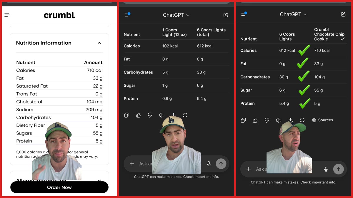 Man compares one Crumbl cookie to a six-pack of Coors Light. Then he calculates which is healthier — stills from the TikTok posted by Amabar
