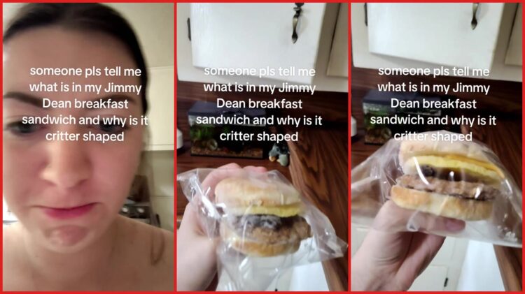 Woman says a Jimmy Dean breakfast sandwich meat patty looked like a 'critter'. Then she showed the irregularly shaped food 1 Woman says a Jimmy Dean breakfast sandwich meat patty looked like a 'critter'. Then she showed the irregularly shaped food — stills from the TikTok posted by amber