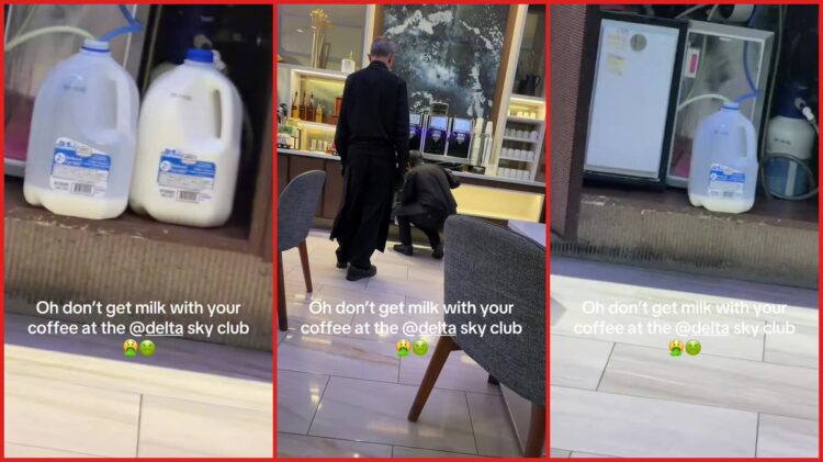 Delta Sky Club coffee station has milk jugs sitting at room temperature under the machine, raising food safety concerns — stills from the TikTok posted by Brian David