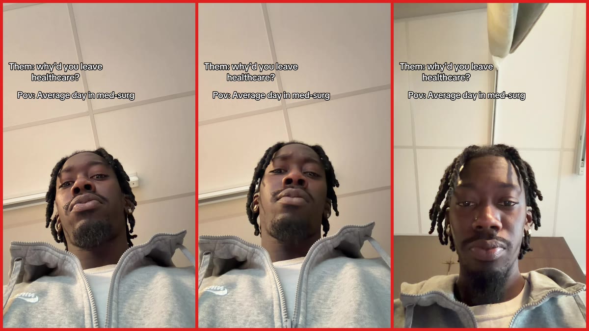 Black nurse acts out a scenario where patients repeatedly call him 'monkey,' so he shows the reality of med-surg — stills from the TikTok posted by dolojxsh
