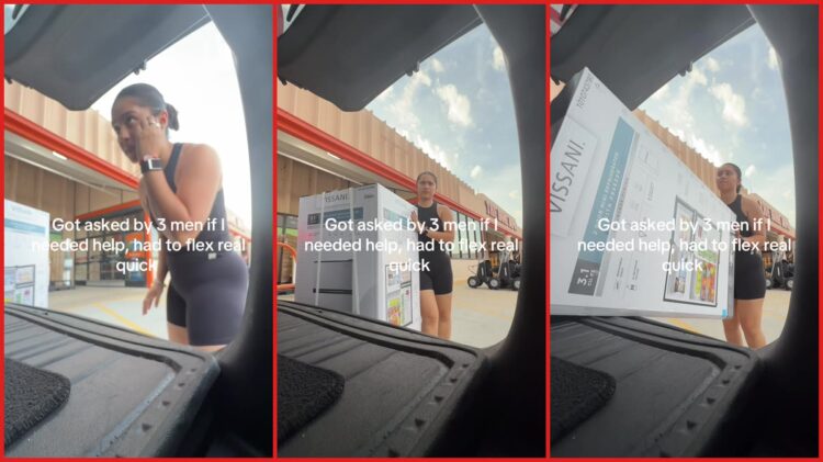 Woman loading a refrigerator into her car says 3 men offered to help. Then she flexed her bicep to decline 1 Woman loading a refrigerator into her car says 3 men offered to help. Then she flexed her bicep to decline — stills from the TikTok posted by jmthehost