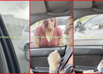 Red-haired woman allegedly blocked a parking spot, then started pounding on a driver's windows and yelling 'You twat' — stills from the TikTok posted by letthemforever