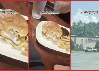 A TikTok video shows a LongHorn Steakhouse sandwich with a pink, raw-looking center. Then they ask the restaurant, 'are you serious?' — stills from the TikTok posted by Jocelyn 🌸