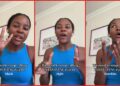 Speaker describes hypothetical scenario where not laughing at a joke is labeled racism, says we need to be 'more careful with our words' — stills from the TikTok posted by M A C Y