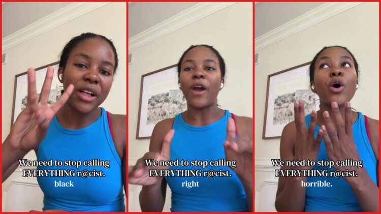 Speaker describes hypothetical scenario where not laughing at a joke is labeled racism, says we need to be 'more careful with our words' — stills from the TikTok posted by M A C Y
