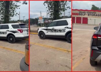 Worker alleges Texas dealership refused to pay after he cleared tree stumps. Then he found his exit blocked by vehicles and a police SUV — stills from the TikTok posted by Ester Avila