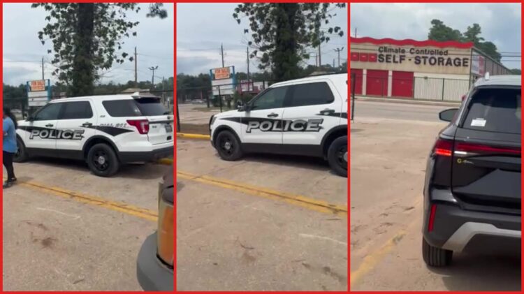 Worker alleges Texas dealership refused to pay after he cleared tree stumps. Then he found his exit blocked by vehicles and a police SUV — stills from the TikTok posted by Ester Avila