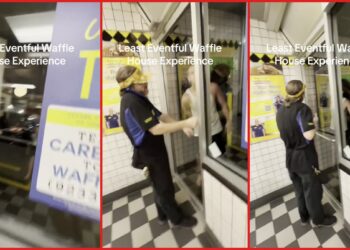 Waffle House employee blocked a man from entering and warned 'cops are on the way'. Then the man smashed the glass door — stills from the TikTok posted by rook_i_prankton