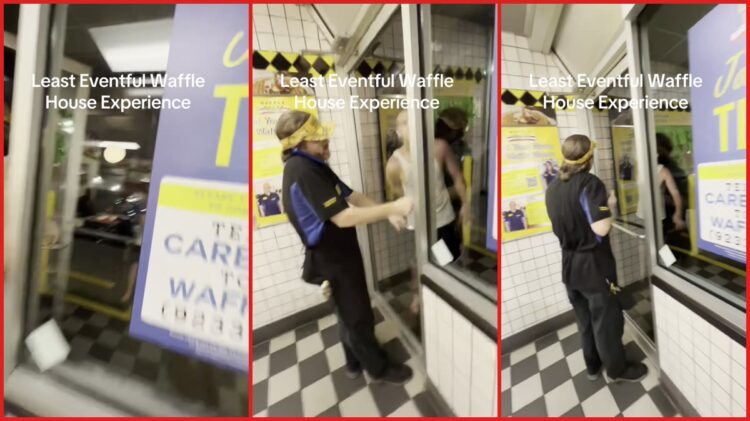 Waffle House employee blocked a man from entering and warned 'cops are on the way'. Then the man smashed the glass door — stills from the TikTok posted by rook_i_prankton